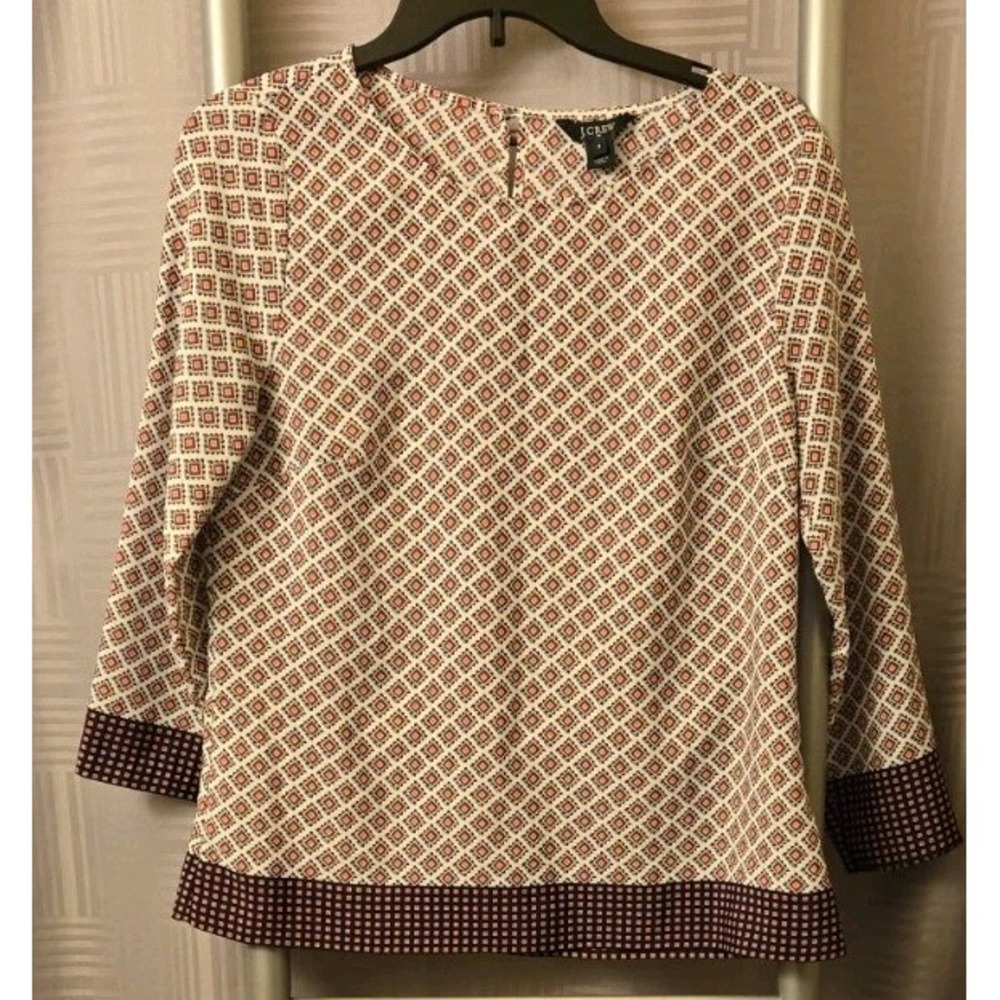 J. Crew Womens Small Shirt Multicolor Geometric 3/4 Sleeve Round Neck Pullover